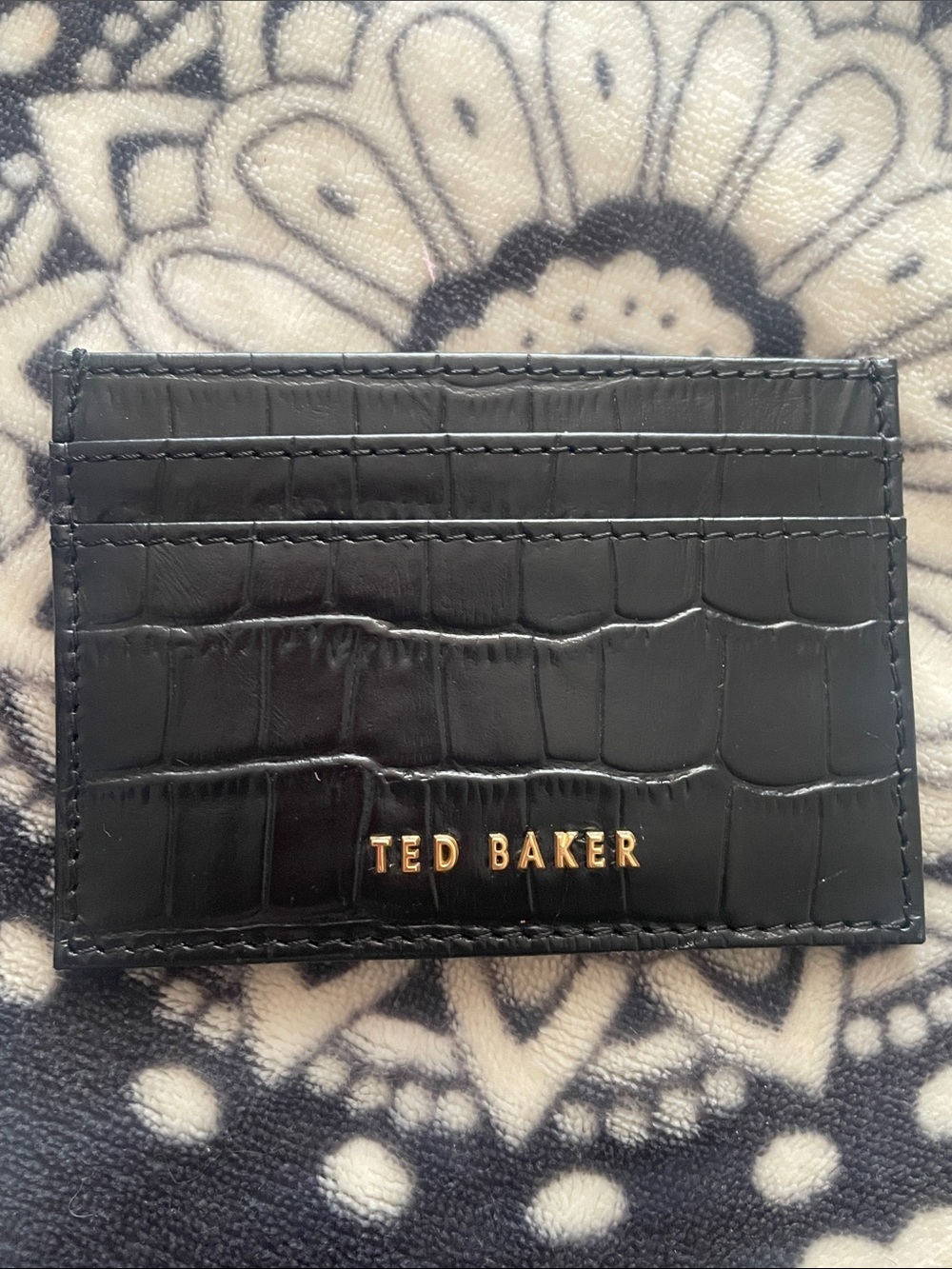 Ted Baker Black Croc Embossed Slim Card Case with Gold Logo